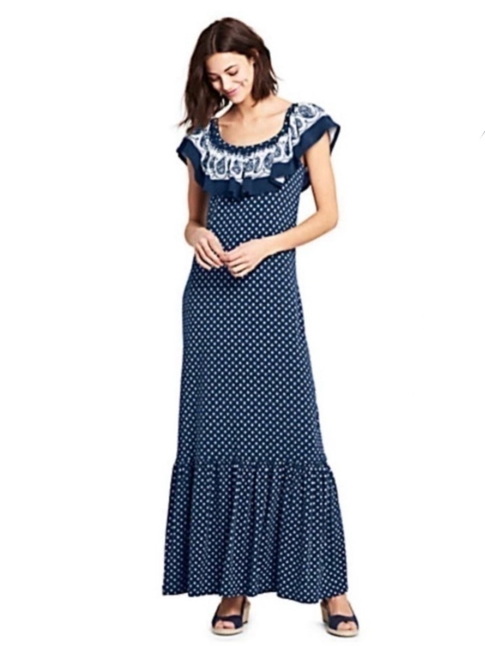 Land’s End Maxi Dress Bandana Print Size Small Navy Blue White Ruffle Lands EUC